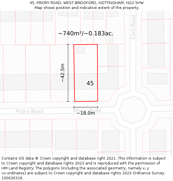 45, PRIORY ROAD, WEST BRIDGFORD, NOTTINGHAM, NG2 5HW: Plot and title map