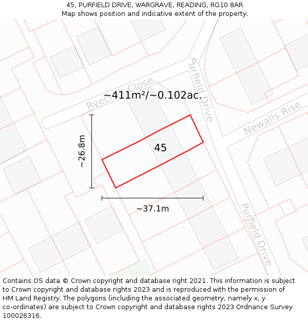 45, PURFIELD DRIVE, WARGRAVE, READING, RG10 8AR: Plot and title map