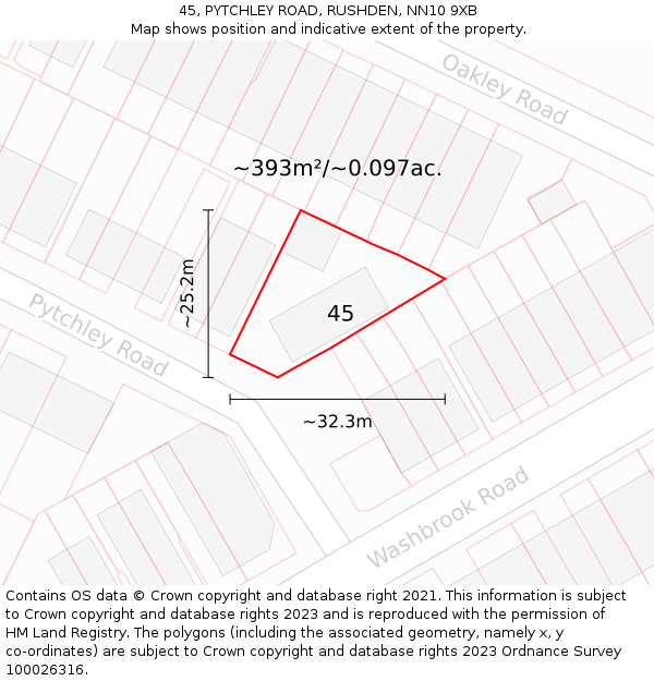 45, PYTCHLEY ROAD, RUSHDEN, NN10 9XB: Plot and title map