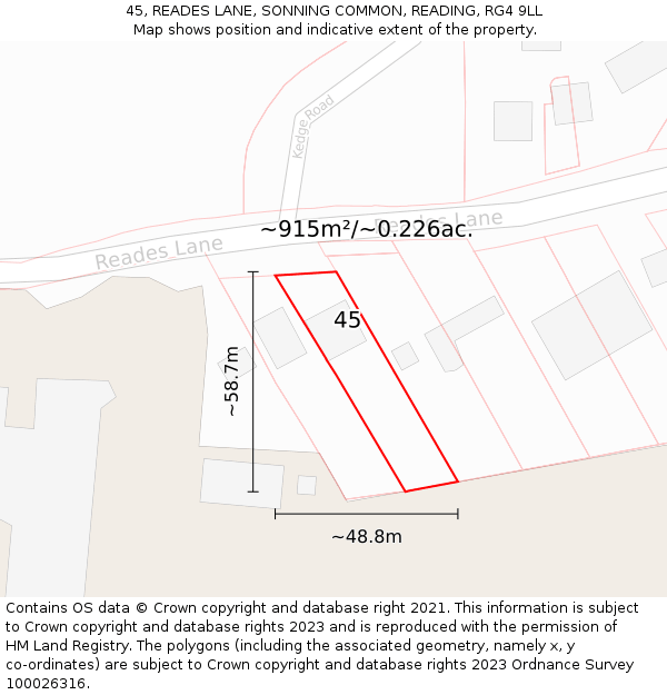 45, READES LANE, SONNING COMMON, READING, RG4 9LL: Plot and title map