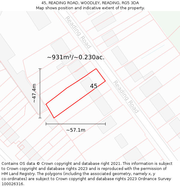 45, READING ROAD, WOODLEY, READING, RG5 3DA: Plot and title map