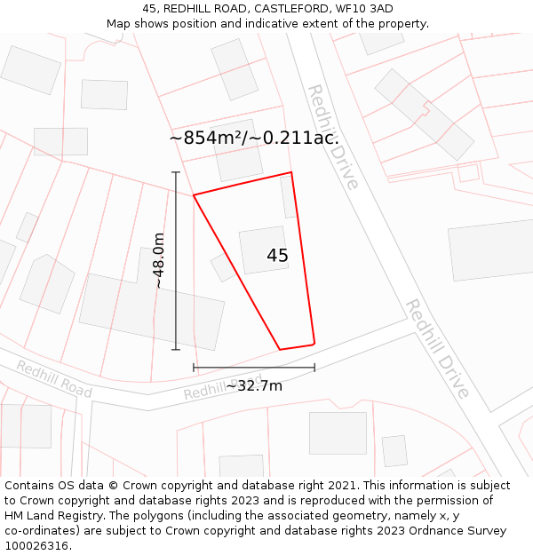 45, REDHILL ROAD, CASTLEFORD, WF10 3AD: Plot and title map