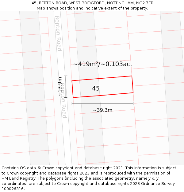 45, REPTON ROAD, WEST BRIDGFORD, NOTTINGHAM, NG2 7EP: Plot and title map