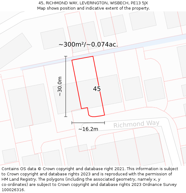 45, RICHMOND WAY, LEVERINGTON, WISBECH, PE13 5JX: Plot and title map