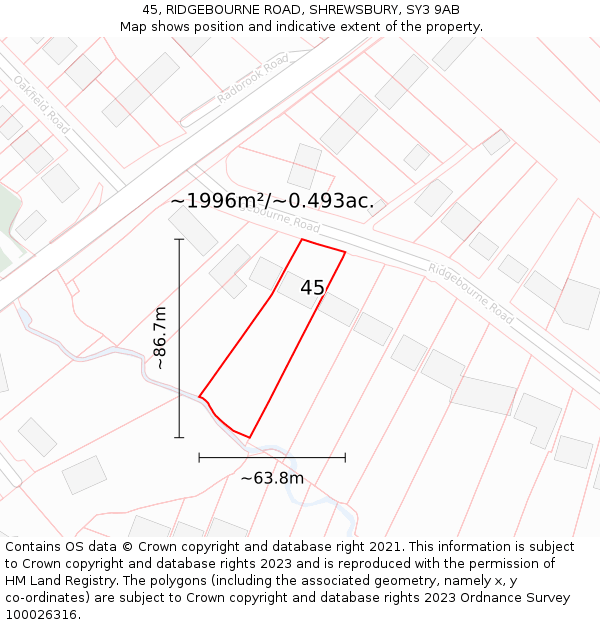 45, RIDGEBOURNE ROAD, SHREWSBURY, SY3 9AB: Plot and title map