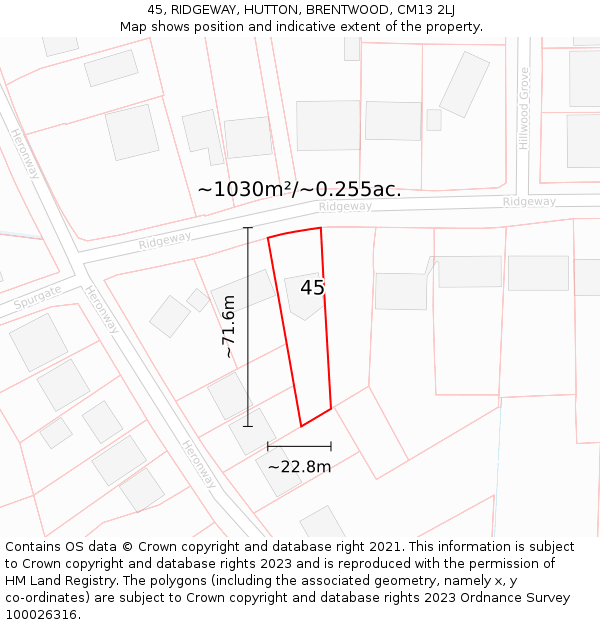 45, RIDGEWAY, HUTTON, BRENTWOOD, CM13 2LJ: Plot and title map