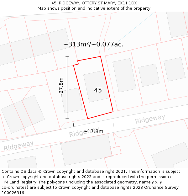 45, RIDGEWAY, OTTERY ST MARY, EX11 1DX: Plot and title map