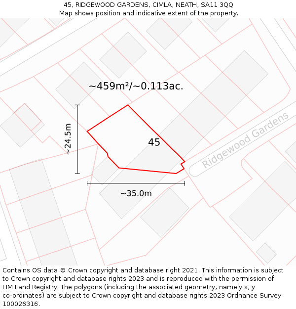 45, RIDGEWOOD GARDENS, CIMLA, NEATH, SA11 3QQ: Plot and title map