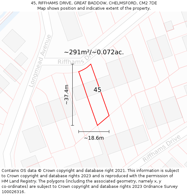 45, RIFFHAMS DRIVE, GREAT BADDOW, CHELMSFORD, CM2 7DE: Plot and title map