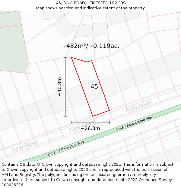 45, RING ROAD, LEICESTER, LE2 3RS: Plot and title map