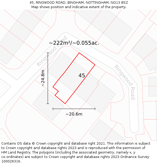 45, RINGWOOD ROAD, BINGHAM, NOTTINGHAM, NG13 8SZ: Plot and title map