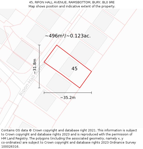 45, RIPON HALL AVENUE, RAMSBOTTOM, BURY, BL0 9RE: Plot and title map