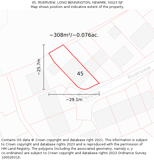 45, RIVERVIEW, LONG BENNINGTON, NEWARK, NG23 5JF: Plot and title map