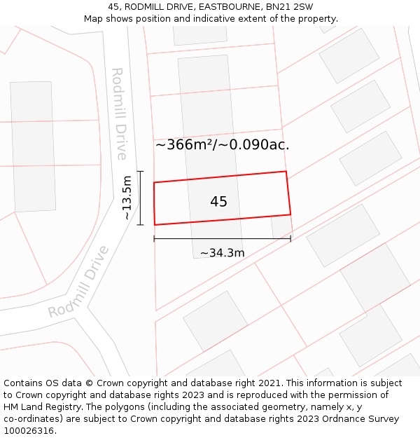 45, RODMILL DRIVE, EASTBOURNE, BN21 2SW: Plot and title map