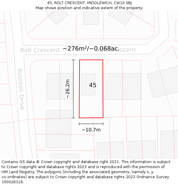 45, ROLT CRESCENT, MIDDLEWICH, CW10 0BJ: Plot and title map