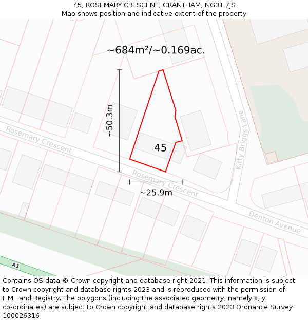 45, ROSEMARY CRESCENT, GRANTHAM, NG31 7JS: Plot and title map