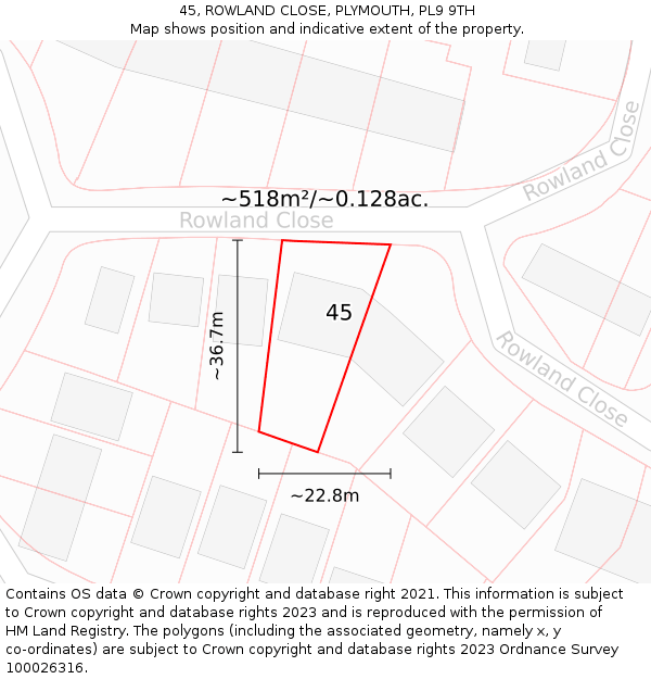 45, ROWLAND CLOSE, PLYMOUTH, PL9 9TH: Plot and title map