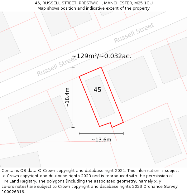 45, RUSSELL STREET, PRESTWICH, MANCHESTER, M25 1GU: Plot and title map