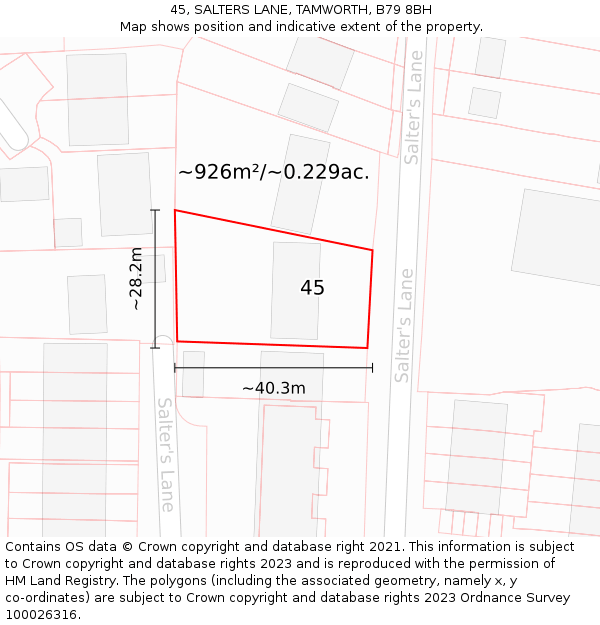 45, SALTERS LANE, TAMWORTH, B79 8BH: Plot and title map