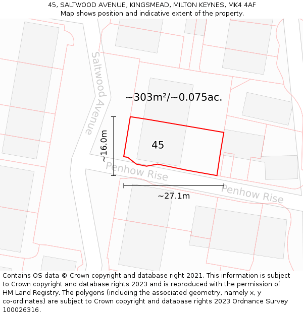 45, SALTWOOD AVENUE, KINGSMEAD, MILTON KEYNES, MK4 4AF: Plot and title map