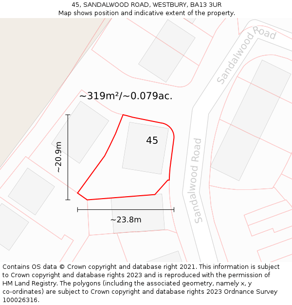 45, SANDALWOOD ROAD, WESTBURY, BA13 3UR: Plot and title map