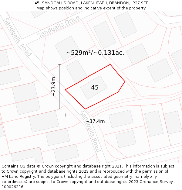 45, SANDGALLS ROAD, LAKENHEATH, BRANDON, IP27 9EF: Plot and title map