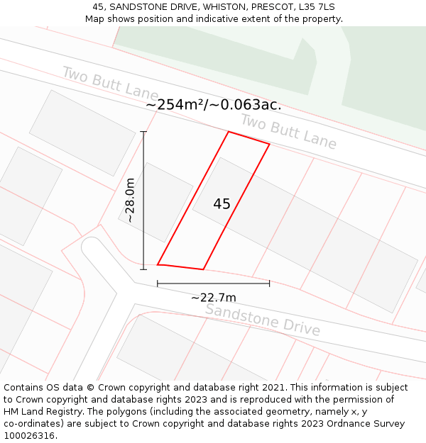 45, SANDSTONE DRIVE, WHISTON, PRESCOT, L35 7LS: Plot and title map