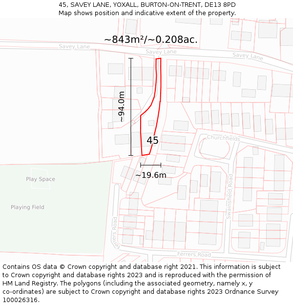 45, SAVEY LANE, YOXALL, BURTON-ON-TRENT, DE13 8PD: Plot and title map