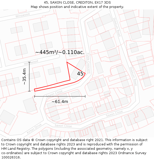 45, SAXON CLOSE, CREDITON, EX17 3DS: Plot and title map