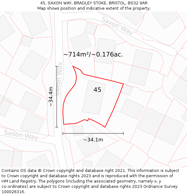 45, SAXON WAY, BRADLEY STOKE, BRISTOL, BS32 9AR: Plot and title map