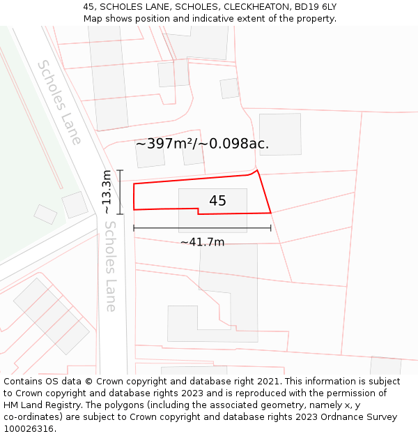 45, SCHOLES LANE, SCHOLES, CLECKHEATON, BD19 6LY: Plot and title map