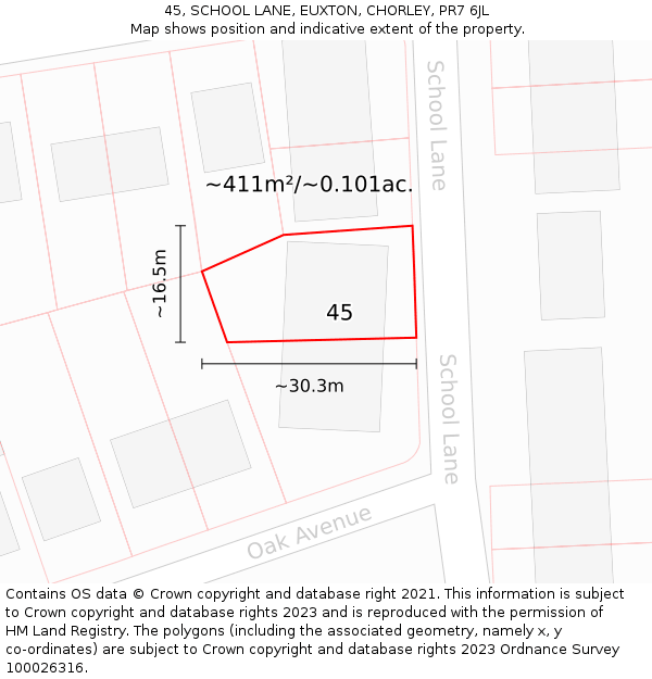 45, SCHOOL LANE, EUXTON, CHORLEY, PR7 6JL: Plot and title map