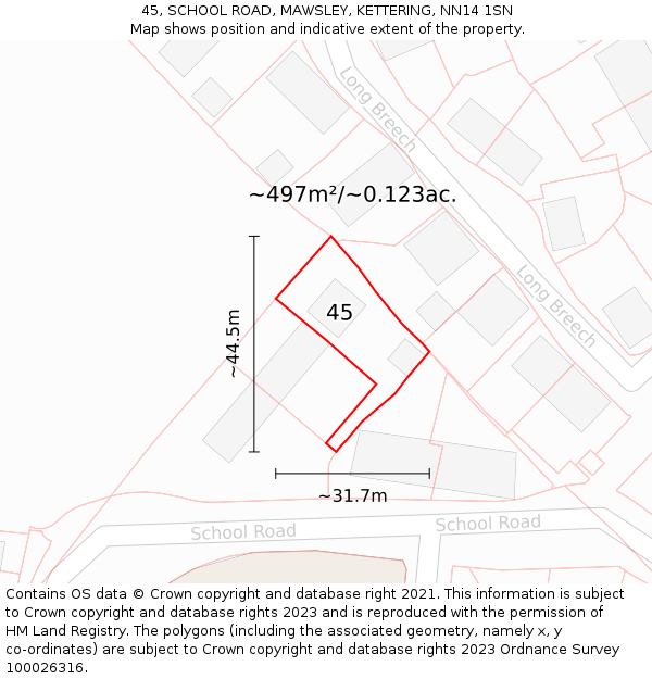 45, SCHOOL ROAD, MAWSLEY, KETTERING, NN14 1SN: Plot and title map