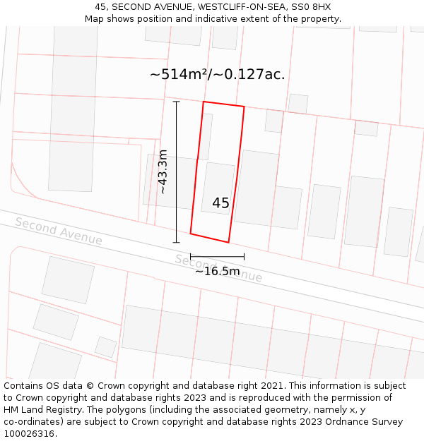 45, SECOND AVENUE, WESTCLIFF-ON-SEA, SS0 8HX: Plot and title map