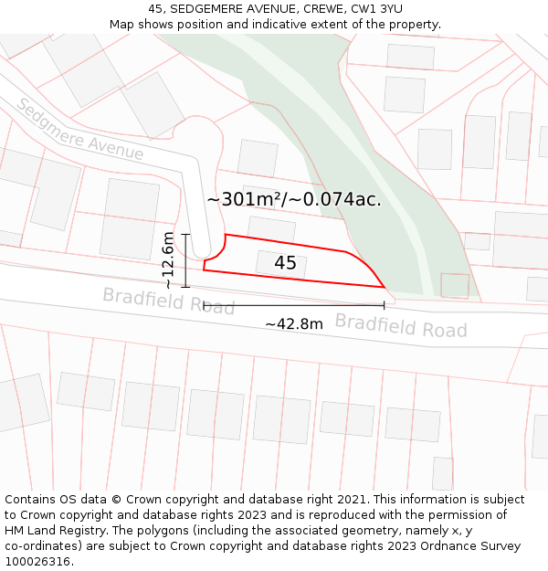 45, SEDGEMERE AVENUE, CREWE, CW1 3YU: Plot and title map