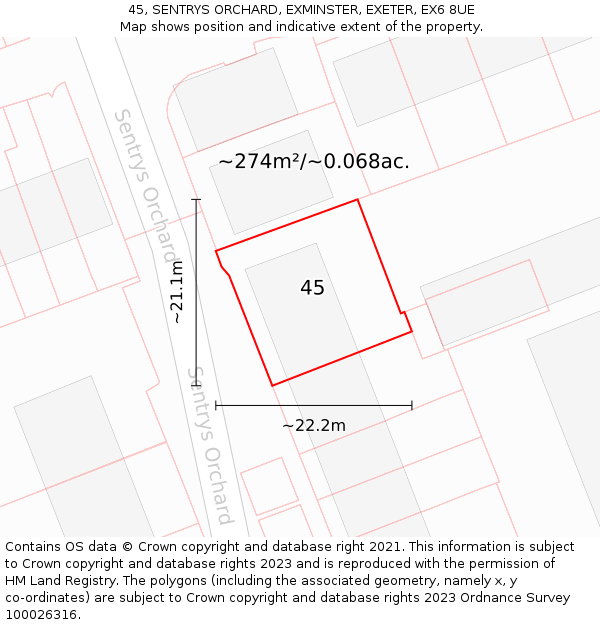 45, SENTRYS ORCHARD, EXMINSTER, EXETER, EX6 8UE: Plot and title map