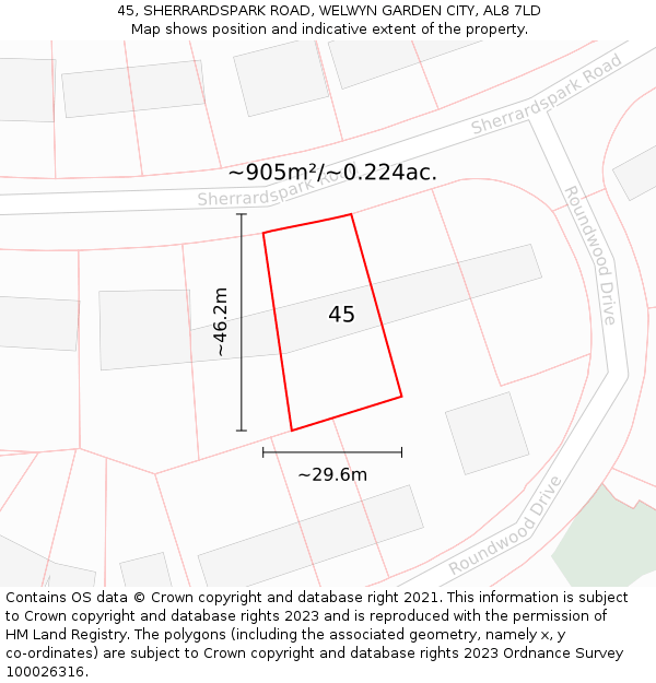 45, SHERRARDSPARK ROAD, WELWYN GARDEN CITY, AL8 7LD: Plot and title map