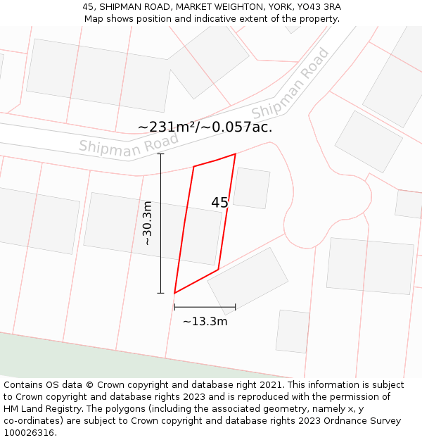 45, SHIPMAN ROAD, MARKET WEIGHTON, YORK, YO43 3RA: Plot and title map