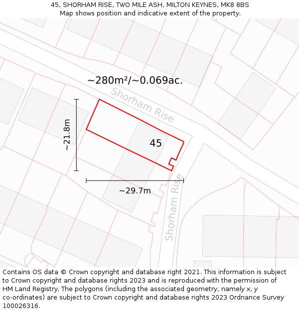 45, SHORHAM RISE, TWO MILE ASH, MILTON KEYNES, MK8 8BS: Plot and title map