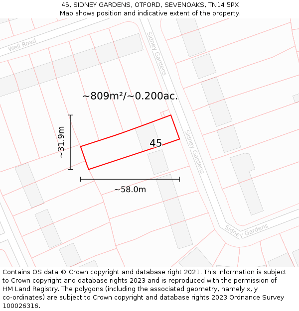 45, SIDNEY GARDENS, OTFORD, SEVENOAKS, TN14 5PX: Plot and title map