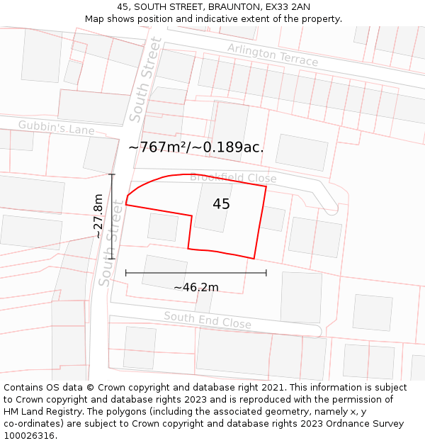 45, SOUTH STREET, BRAUNTON, EX33 2AN: Plot and title map