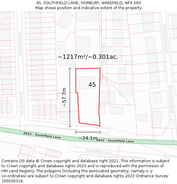 45, SOUTHFIELD LANE, HORBURY, WAKEFIELD, WF4 5AX: Plot and title map