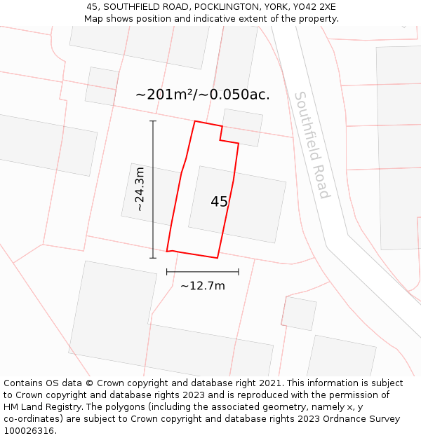 45, SOUTHFIELD ROAD, POCKLINGTON, YORK, YO42 2XE: Plot and title map