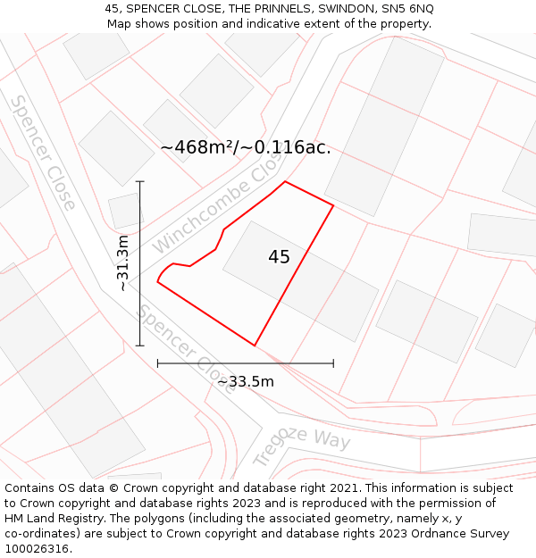 45, SPENCER CLOSE, THE PRINNELS, SWINDON, SN5 6NQ: Plot and title map