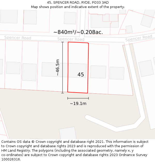 45, SPENCER ROAD, RYDE, PO33 3AD: Plot and title map