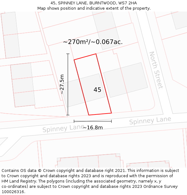 45, SPINNEY LANE, BURNTWOOD, WS7 2HA: Plot and title map