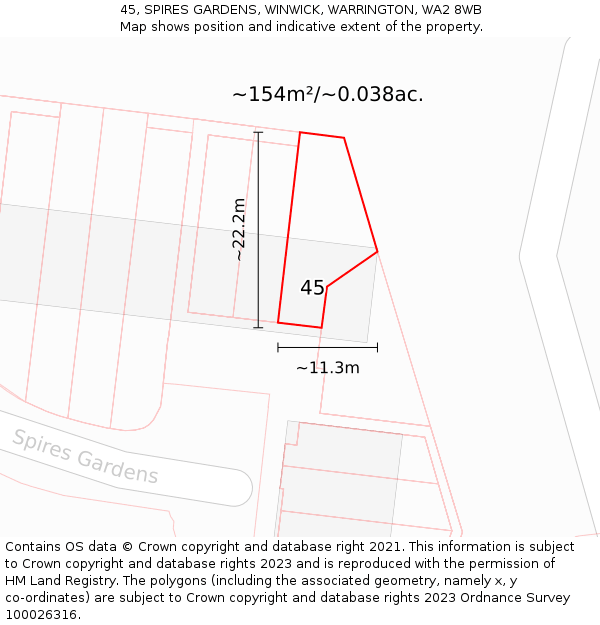 45, SPIRES GARDENS, WINWICK, WARRINGTON, WA2 8WB: Plot and title map