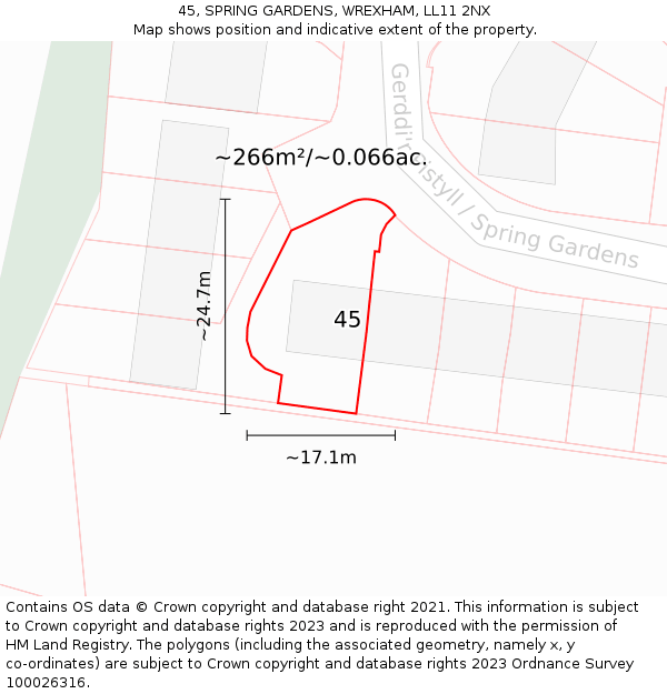 45, SPRING GARDENS, WREXHAM, LL11 2NX: Plot and title map