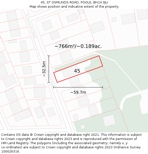 45, ST OSMUNDS ROAD, POOLE, BH14 9JU: Plot and title map