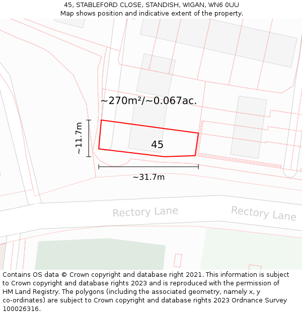 45, STABLEFORD CLOSE, STANDISH, WIGAN, WN6 0UU: Plot and title map